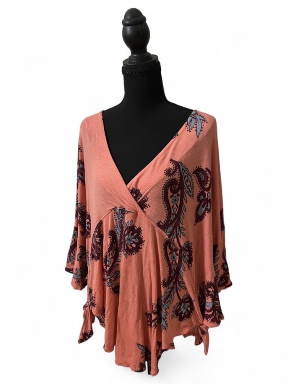 Free People Maui Wowie Flowy Shirt, Passion Flower, Floral Pink Peasant Top, L